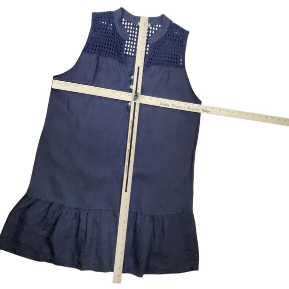 Rosemarine Italian Linen Dress Size L Navy Blue Sleeveless Crochet Shift Ruffle - Picture 10 of 12